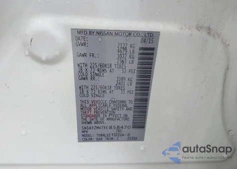 2015 Nissan Rogue Sl z USA, uszkodzony, nr VIN 5N1AT2MV7FC858470